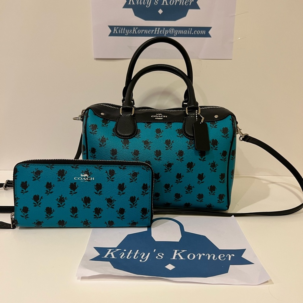 Coach NWOT Teal Leather Satchel with Matching Wallet